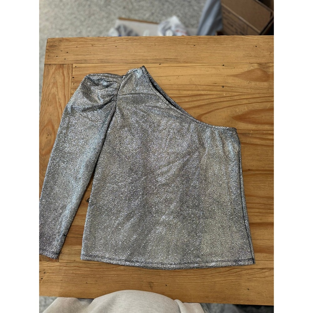 V-57- Cato Silver Metallic One Shoulder Puff Sleeve Top Textured Shimmer Party